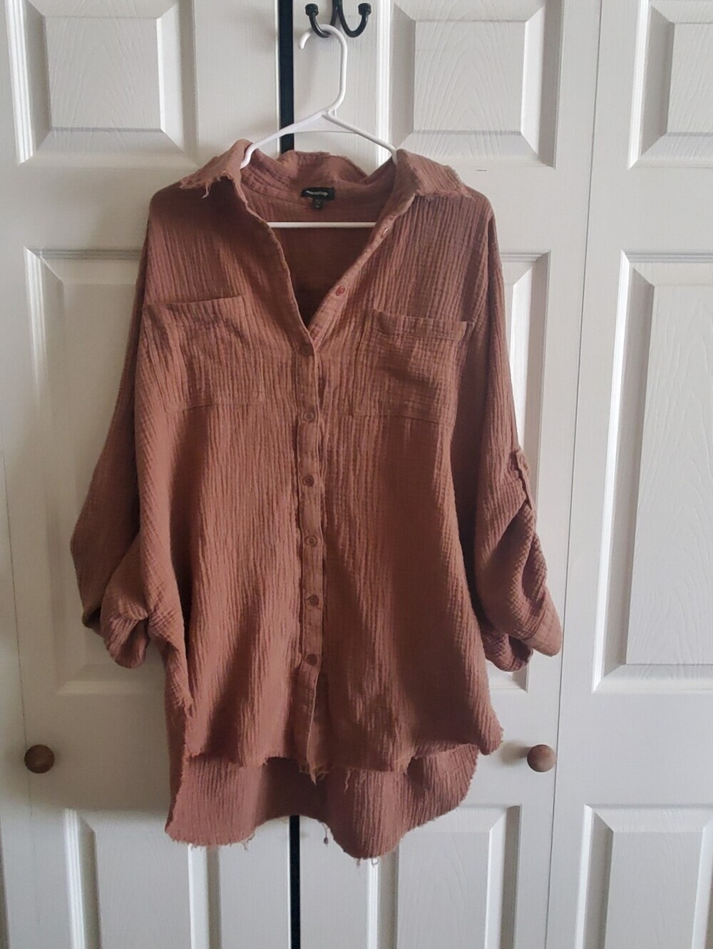 Mittoshop Sz XL. Brown Double Gauze Cotton Frayed Distressed. Button Down Boho